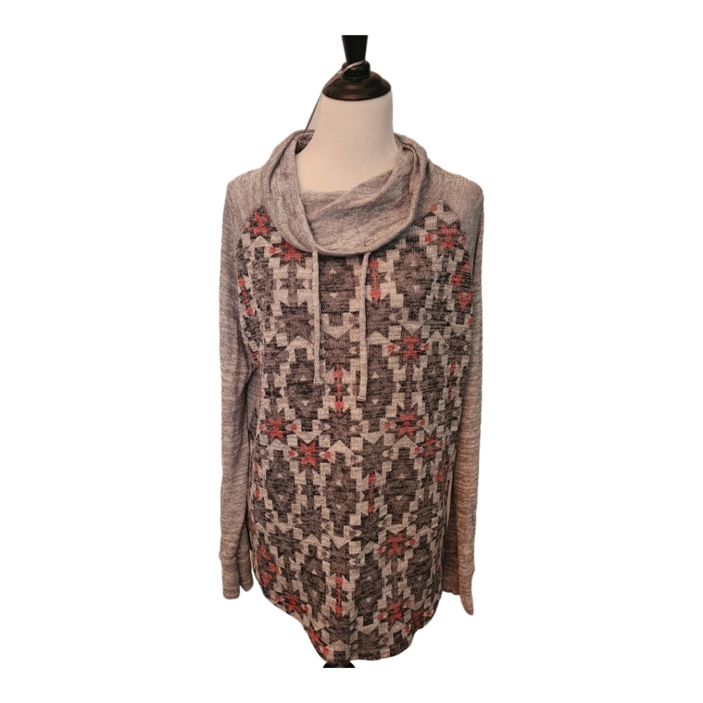 New Directions XL Red Gray Cowl Neck Long Sleeve Top